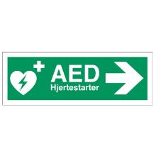 Skilt Hjertestarter AED med h&oslash;jre pil 105x297mm plast product photo