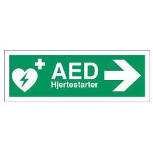Skilt Hjertestarter AED h&oslash;jre pil 105x297mm efterlysende vinyl product photo