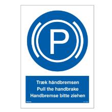 Skilt Tr&aelig;k h&aring;ndbremsen 210x297 vinyl. Flere sprog. product photo