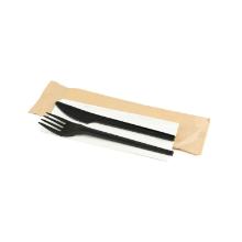 Reusable cutlery set knife/fork CPLA black with white napkin product photo