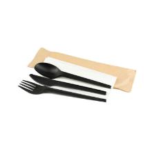 Reusable cutlery set knife/fork/spoon CPLA black with white napkin product photo
