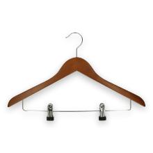 Houten kledinghanger 44 cm met metalen broeklat & clips bruin gelakt Productfoto