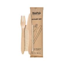 BioPak ecoecho® wooden cutlery pack 3/1 knife/fork/napkin 19 cm brown product photo