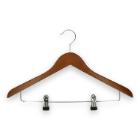 Houten kledinghanger 44 cm met metalen broeklat & clips bruin gelakt Productfoto