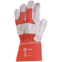 Leather protective gloves, grey cowhide, red canvas back of hand product photo