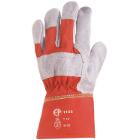 Leather protective gloves, grey cowhide, red canvas back of hand product photo
