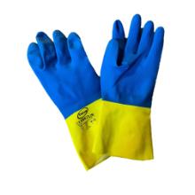 Schoonmaakhandschoen : latex - blauw - geel - M - "duocolor" artikelfoto