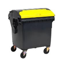 Container : gris - couvercle rond - clapet jaune - sur roues - 1100 lt photo du produit