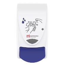 Witte handzeepdispenser met blauwe knop artikelfoto