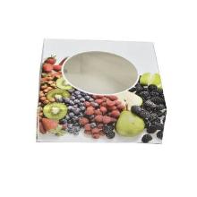 Cake box hinged lid fruit design L200xW200xH70mm cardboard with round window whi product photo
