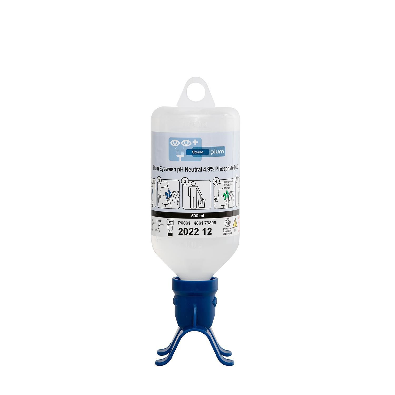 Øjenskyller Plum pH Neutral 4,9% fosfatbuffer 500ml Ø78xH183mm med DUO øjenkop,6 fl x 500 ml/krt