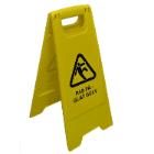 Warning sign BEWARE - SLIPPERY FLOOR Image of man falling Yellow product photo